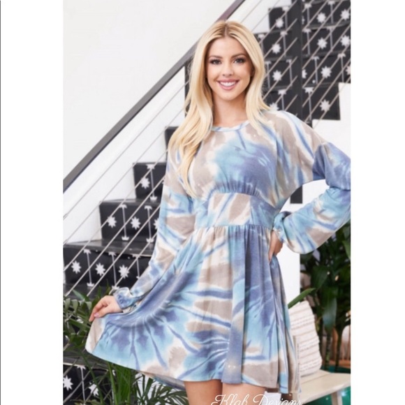 New!Clearance🔥Puff Sleeve Tie Dye Waist Detail Dress High Quality Soft Stretchy - Picture 4 of 7